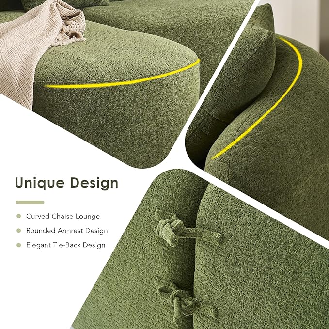 Curved Sectional Sofa Couch Oversized L Shape Deep Seat Cloud Couch Modern Chenille 4-Seater Sofa with Chaise No Assembly Required Couches for Living Room Apartment Office Green