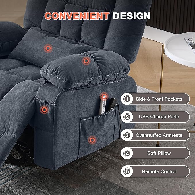 Power Lift Recliner Chair for Elderly with Vibration Massage and Lumbar Heating Electric Lift Recliner Single Sofa with Side Pocket and USB Charge Port for Living Room