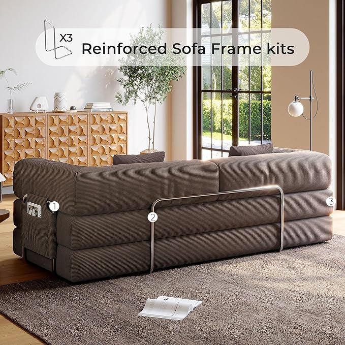 5-in-1 Folding Convertible Sofa Bed Loveseat Sleeper with Pull-Out Bed Floor Sofa Modular Futon Couch 79 Oversized Corduroy Upholstered Boneless Couch for Living Room Bedroom Lounge A-Brown