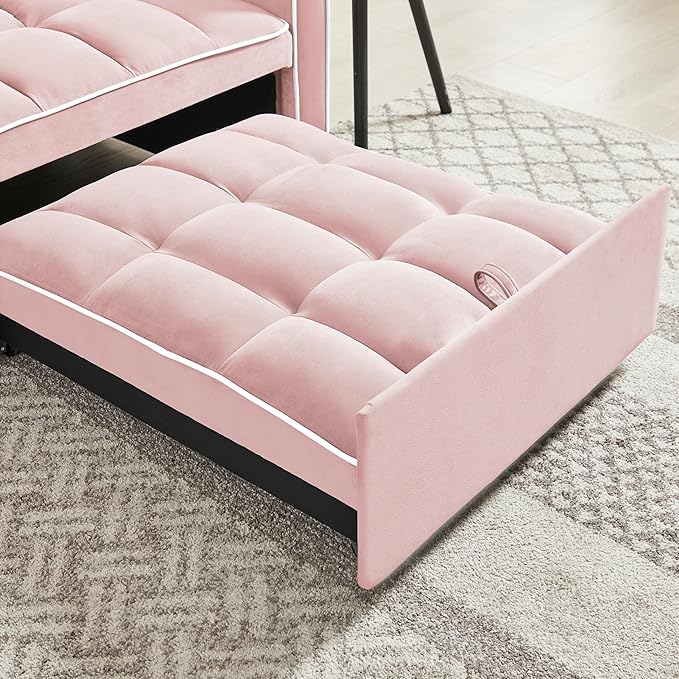 3-in-1 Velvet Chair-bed Adjustable Backrest Pull-out Chaise Lounger Tufted Cushioning Side Organizer Pocket Space-saving Convertible Seating for Living Room Apartment Guestroom Office (Pink)