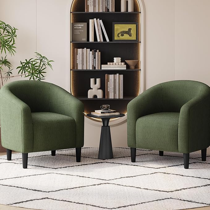 Yaheetech Accent Barrel Chair Corduroy Fabric Club Chair Furry Sherpa Elegant Armchair with Cozy Soft Padded Suitable for Living Room Bedroom Reception Room Office Dark Green