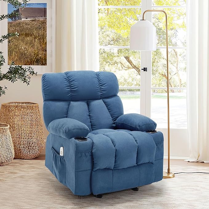 Massage Rocker Recliner Chair with Heat and Vibration Ergonomic Rocking Lounge Chair for Living Room Comfy Overstuffed Recliner with 4 Side Pockets2 Cup Holders USB Charge PortBlue