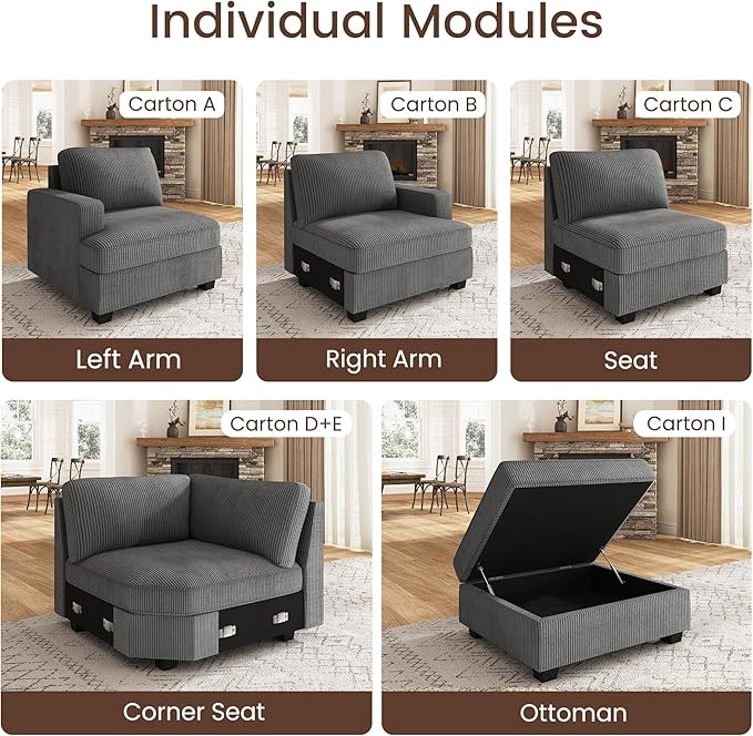 Nolany Left Armrest for Modular Sectional Couch Customizable Left Armrest for Sectional Sofa Dark Grey