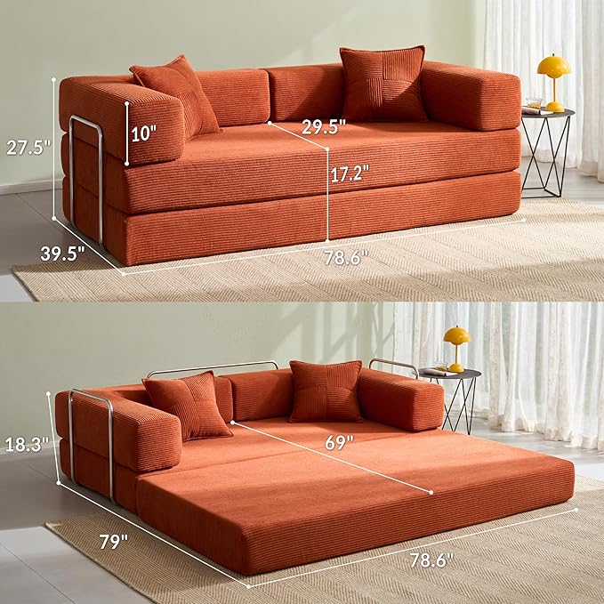 Compression Sofa - 78''Convertible Floor Sofa Bed - with Pillow Back Support Armrest - Comfy Foldable Sofa Bed Compressed Sofa in Box - Corduroy Fabric - for Living Room - Bright Orange