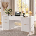 55.1 Fluted Executive Desk with Drawers White Desk with Storage Cabinet Home Office Desk with Charging Station Farmhouse Desk with File Cabinet for Office Home