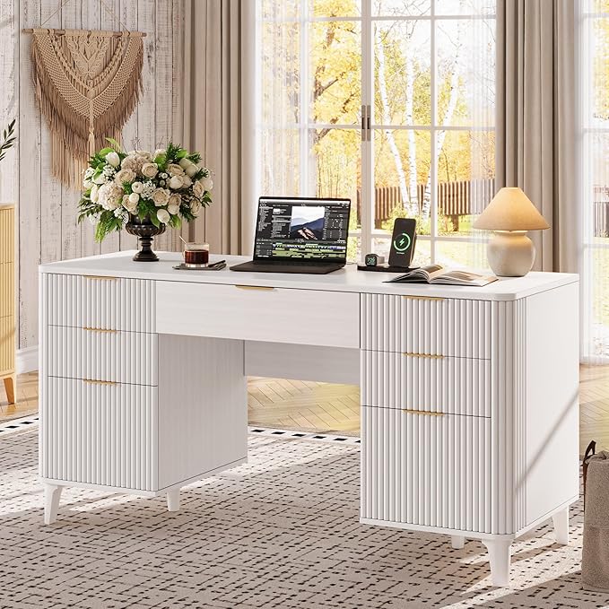 55.1 Fluted Executive Desk with Drawers White Desk with Storage Cabinet Home Office Desk with Charging Station Farmhouse Desk with File Cabinet for Office Home