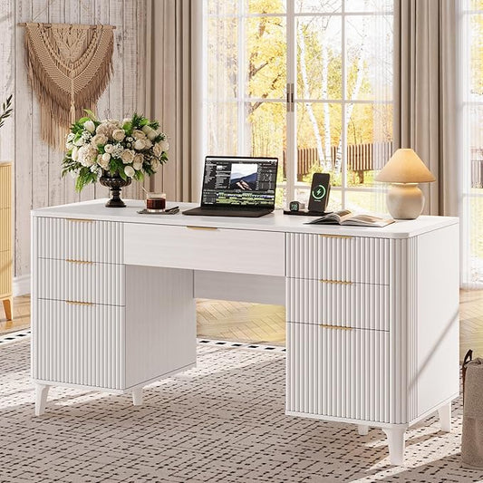 55.1 Fluted Executive Desk with Drawers White Desk with Storage Cabinet Home Office Desk with Charging Station Farmhouse Desk with File Cabinet for Office Home