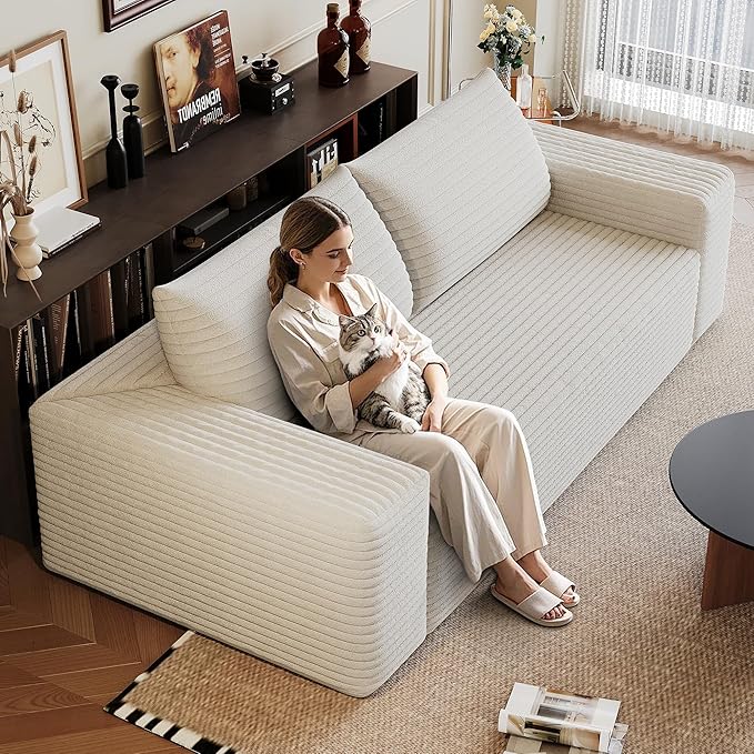 63 Cloud Loveseat Sofa Couch No Assembly Required 2 Seater Foam Floor Couches Modern Apartment Deep Seat Sofas with Corduroy FabricSmall Love SeatWhite