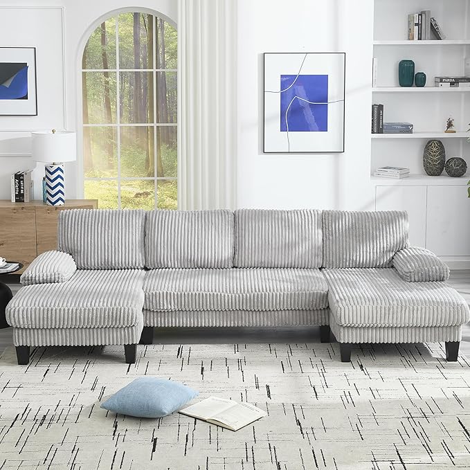 114.2 Beige Sectional Couches for Living Room U Shaped Couch with Double Chaise Modern Comfortable Plush Corduroy 4-Seat Cloud Sofa Set with Chenille Fabric for Home Furniture (Light Gray)