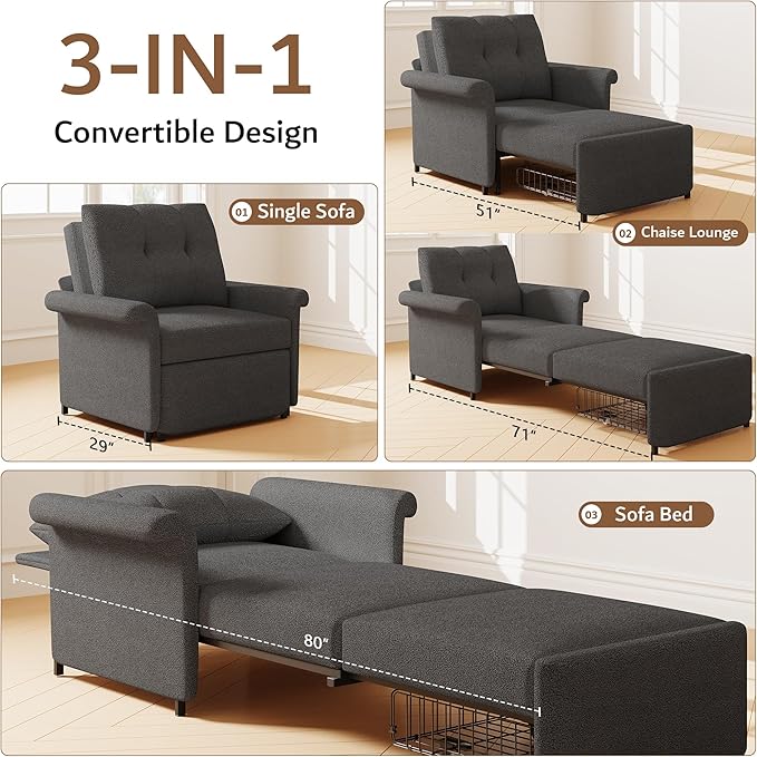 Sofa Bed Chair 3-in-1 Convertible Sleeper Chair with Storage Drawer Lambswool Fabric Pull Out Couch with Adjustable Backrest for Living Room Bedroom Office Dark Gray