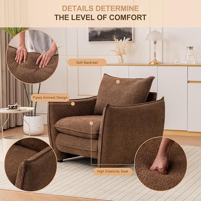 Oversized Accent Chair Modern Single Sofa Cloud Chair with Removable Pillow Deep Seat Comfy Armchair for Living Room Bedroom Reading Nook - Upholstered Lounge Chair (Brown)
