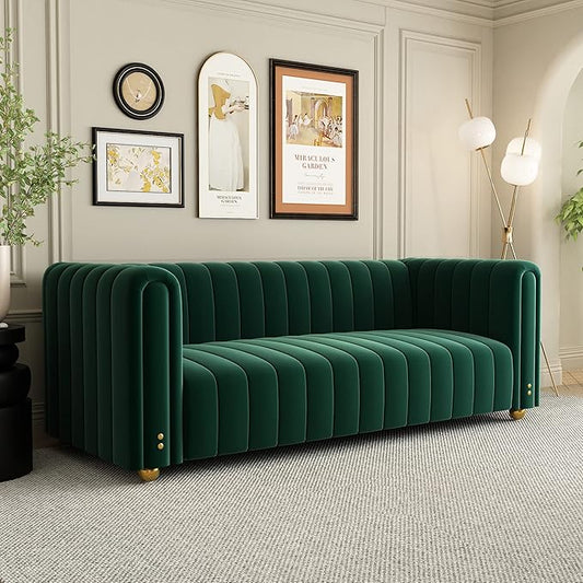 Mid Century Modern Couch Green Velvet Couch Loveseat Sofa Curved Gold Vintage Boho Love Seat Retro Comfy Couches for Living Room 3 Seat Tufted Deep Sectional Minimalist Velvet Sofa Bedroom Apartment