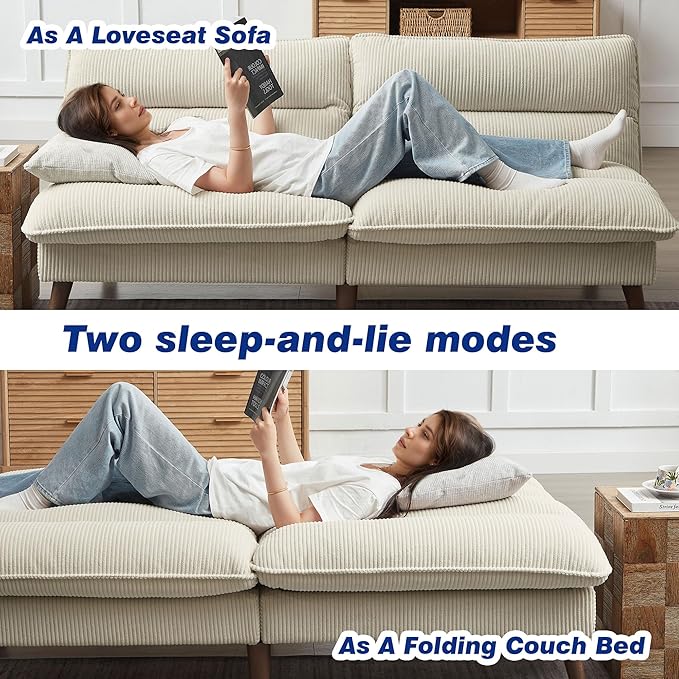 72 Futon Sofa Bed Convertible Futon Couch with Adjustable Backrest Modern Corduroy Sleeper Sofa for Small Spaces Living Room Office Beige
