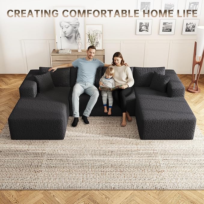 140 U-Shaped Modular Sectional Sofa for Living Room3 Seater Cloud Sectional Couch with Chaise LoungeDeep Seat with PillowsNo Assembly Required (Black)