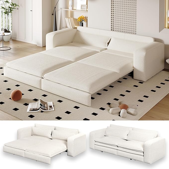93 Sleeper Sofa Bed King Size Teddy Pull Out Couch 3 in 1 Convertible Futon Couches Modern Deep Seat Daybed with 2 Pillows Loveseat for Living Room Apartment Office Cream Beige