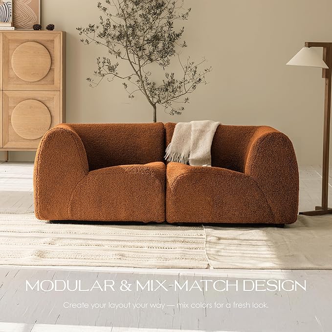 Loveseat Modular Sofa 2-Piece Sectional Curved Couches with High-Density Foam 76 Boneless Sherpa Deep Seat Couch with Armrest Cloud Soft Lounge Modern Sofas for Living Room – No Assembly Brown