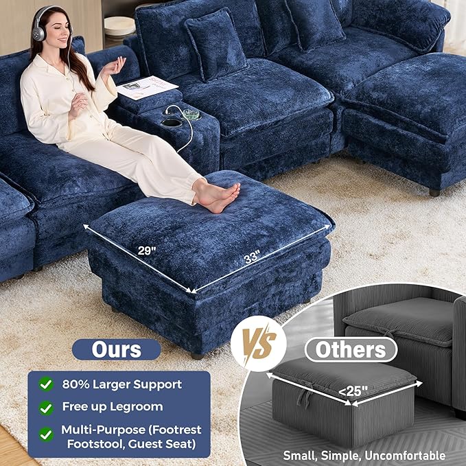 152 Oversized Modular Sectional Sofa U Shaped Cloud Couch Modern 6 Seat Sofa Set for Living Room Comfy Chenille Couch with Storage Central Console Movable Ottomans Cup Holders USB Ports Blue