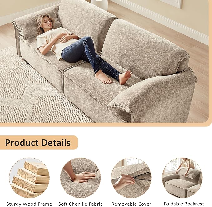 VANOMi 92.9 Sofa Couch for Living Room Modern Comfy 3-Seater Cloud Sofas Chenille Small Couches for Small Spaces Upholstered Deep Seat Couch for Bedroom Apartment (Natural)