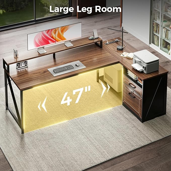 AODK L Shaped Desk with Wooden Drawers &amp Locking File Cabinet 61 Inch Large Executive Desk with Power Outlet Led Computer Desk with Storage Corner Office desk with Monitor Stand &amp CPU Stand