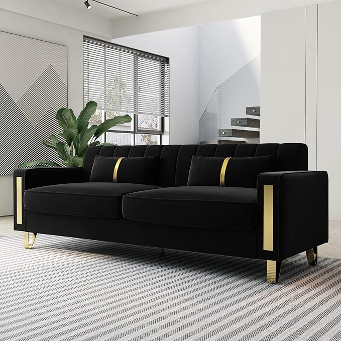 Modern Velvet Sofa Couch 86 Large Loveseat Sectional Sofa Couch with Gold Legs for 3-4 Persons Upholstered Deep Seat Love Seat Sofa Chaise for Living Room Office Apartment Black