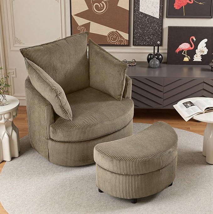 Swivel Accent Chair Round Barrel Armchair Upholstered Living Room Chair Corduroy Reading Chair Single Sofa Chair for Bedroom Apartment Office (Brown Upgrade 1Seater+ Ottoman)