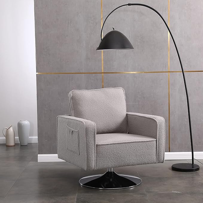 Modern Teddy Fabric Swivel Accent Chair Comfy Armchair with 360 Degree Swiveling for Living Room Bedroom Reading Room Home Office (Grey)