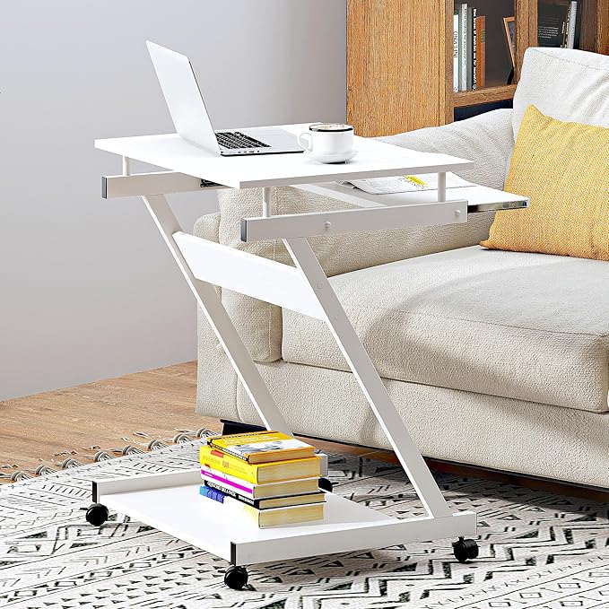 sogesfurniture Mobile Computer Desk Small Rolling Office Table Workstation with Printer Shelf and Keyboard Tray Space-Saving Computer Desk with Storage Shelf for Home and Office (White)