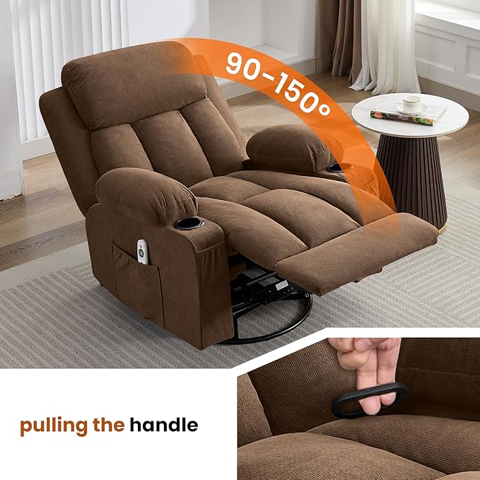 Massage Recliner Chair with Vibration Massage and Lumbar Heating for Living Room Swivel Rocker Recliners Single Sofa with Side Pocket &amp 2 Cup Holders Soft Comfort Ergonomic Design (Brown)