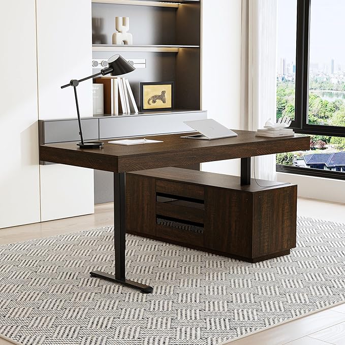 L Shaped Electric Standing Desk 29.1-44.1 Height Adjustable Reversible Computer Desk with 4 Drawers and Storage Cabinet Memory Study Writing Gaming Table for Home Office Brown