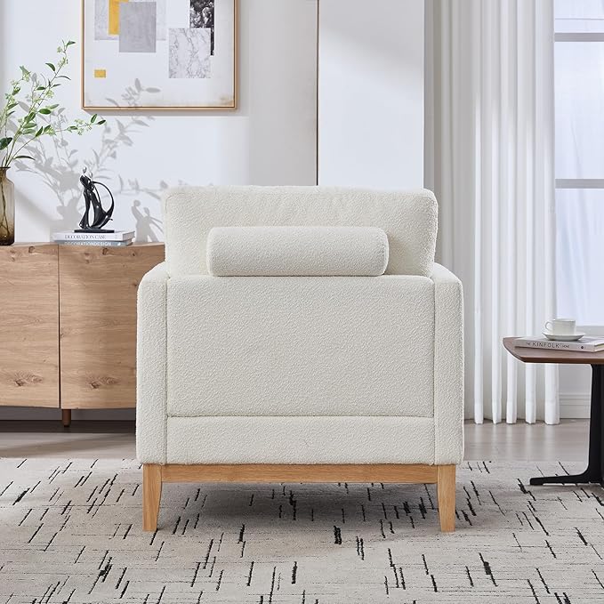 35.4 Modern Boucle Accent Chair with Deep Seat Oversized Wooden Upholstered Armchair Single Sofa Lounge Reading Chairs Large Accent Chair for Living Room/Bedroom/Office (Ivory &amp Style 1)