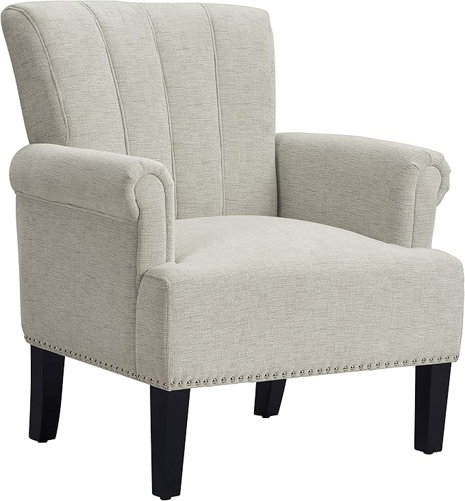 Mid-Century Modern Accent Chair Accent Rivet Tufted Polyester Armchair Upholstered Chairs Single Sofa Chairs Armchair Club Chair with Rivet Tufted Scroll Arm for Living Room (Cream * 9)