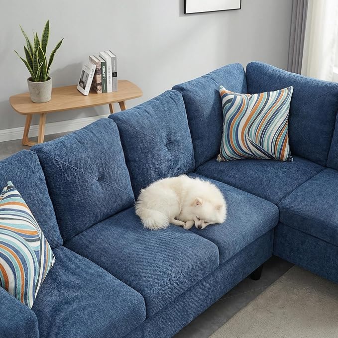 97 Inch Modern L-Shaped Couch Flannel Sectional Sofa with Right Facing Chaise 4-Seater Couch with Sturdy Frame for Living Room Apartment Blue