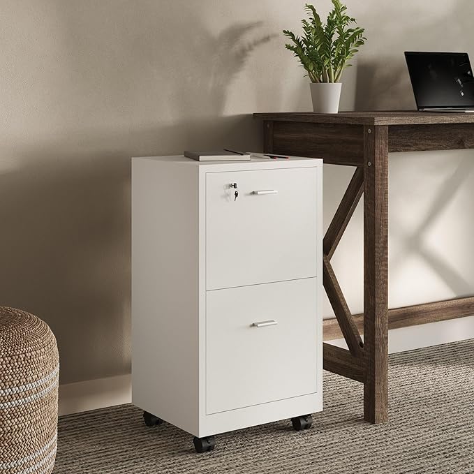 Lavish Home File Cabinet - 2-Drawer Cabinet with Lock and Deep Drawer Storage - Rolling Filing Cabinet for Under The Desk Home or Office (White)