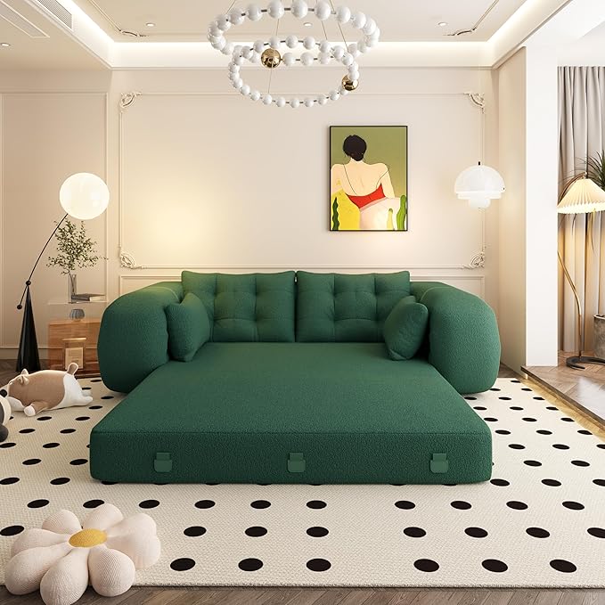 79 Modern Green Teddy Convertible Futon Couch Sofa Bed 3 in 1 Pull Out Memory Sleeper Cloud Sofas Double Full Size Boneless Love Seat Beds for Living Room Dorm ApartmentBedroom (Green)