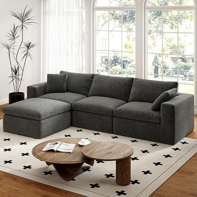 118'' 4 Seater Memory Foam Couch with Ottoman Modular Sectional Sofa for Living Room Boneless Couch Sectional with Memory Foam No Assembly Big Couch Set Dark Grey | Ergonomic Bolster