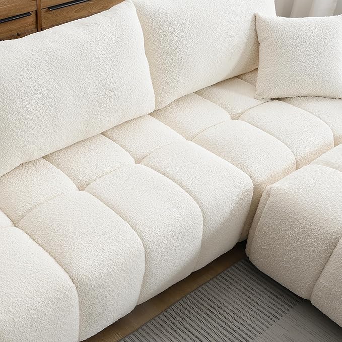 110 Modular Sectional Sofa L Shape with Extra-Large Seat Pull-line Design Movable Ottoman High Density Foam Free Combination Sturdy Metal&ampWood Frame Boucle Fabric (Cream)