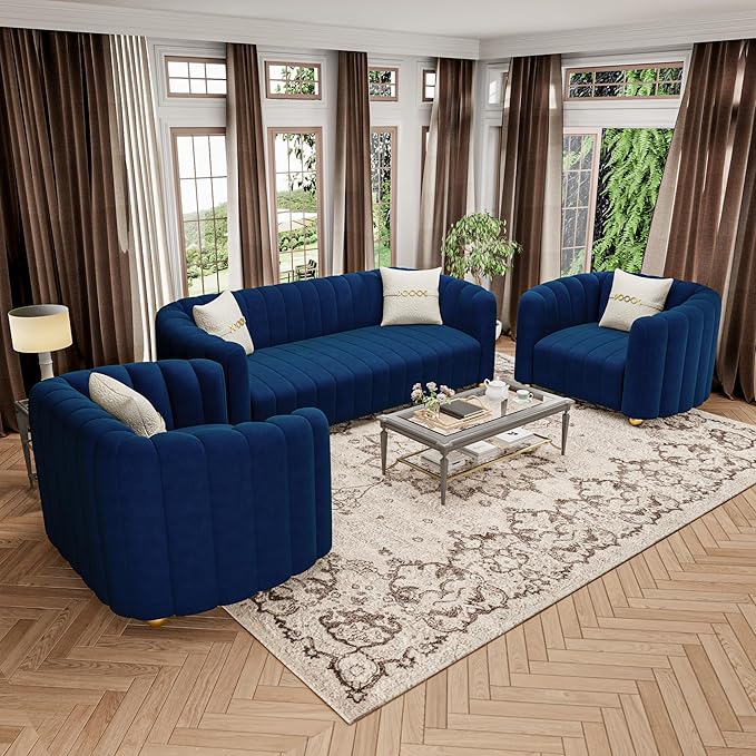42 Velvet Sofa Chair for Living Room Modern Single Sofa with Gold Metal Sphere Legs (Blue-1 Seater)