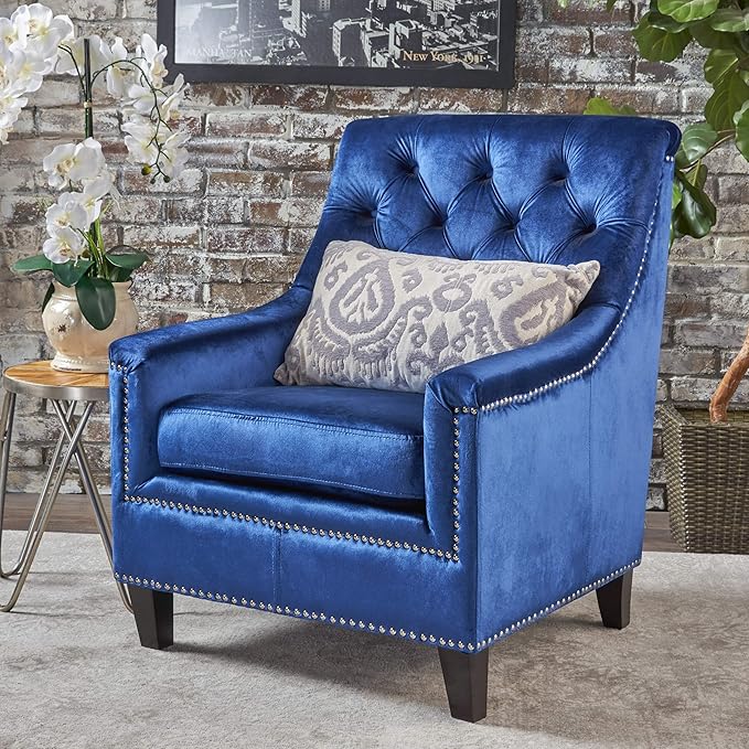 Christopher Knight Home Jaclyn Velvet Tufted Club Chair Navy Blue / Natural