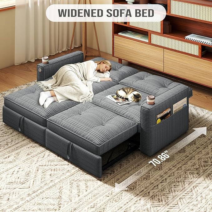 Rovibek 73.2 Convertible Sofa Bed Pull Out Couch with USB Charging Port &amp Cup Holders Adjustable Backrest Side Pockets Modern Corduroy Sleeper Sofa for Living Room Bedroom Apartment Grey