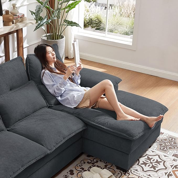 110“ Convertible Sectional Sofa U Shape Cloud Couch Comfy Couches with Double Chaise and Sleepable Armrests 4 Seats Sectional Couches for Living Room Dark Grey