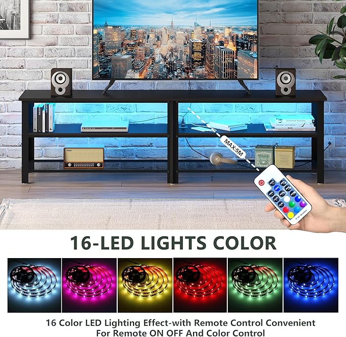 Clikuutory Modern Black 63 inch Metal TV Stand with LED Lights and Power Outlets for 40 50 55 60 65 70 Inch TVs 3 Tier Television Stands with Entertainment Center and Storage for Living Room Bedroom