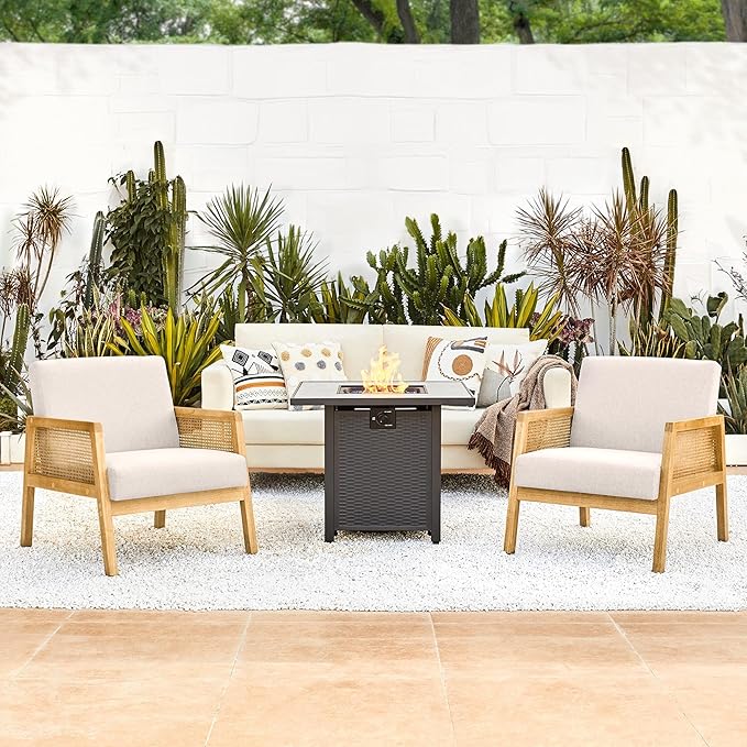 Topeakmart Accent Chair Armchair with Rattan Sides Modern Barrel Chairs for Living Room Bedroom Set of 2 Beige