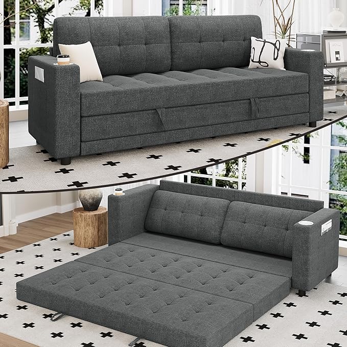 Upgraded Queen Size Futon Sofa Bed 83 Thick Upholstery Loveseat Sleeper Sofa Pull Out Couch Convertible Floor Couch for Bedroom/Living Room/Entertainment Room (Dark Grey)