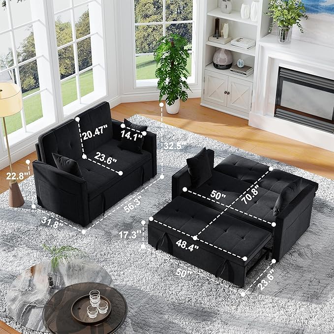 Loveseat Sleeper Sofa Bed Couch: Queen Sleeper Chair Pull Out Bed for Living Room Black Velvet Couch Beds for Small Spaces 3 in 1 Convertible Sofa with Armrests