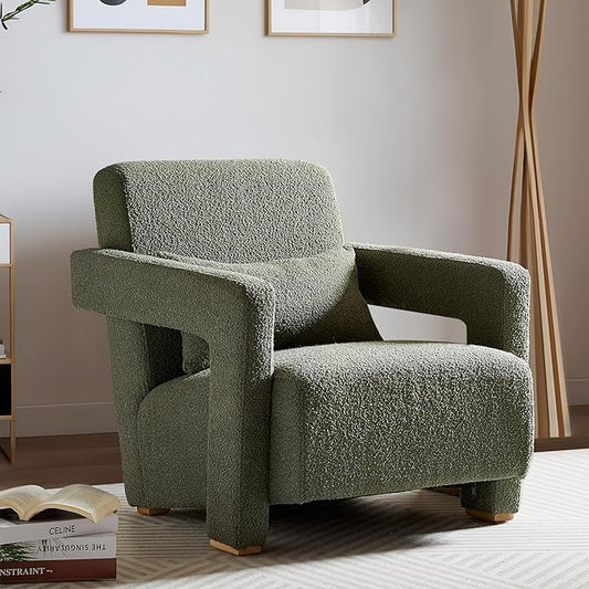 Modern Accent Chair with Sleek Right-Angle Armrests Armchair Single Sofa with Square Wooden Block Legs Ergonomic Lumbar Support Inclined Seat for Living Room (Green317)