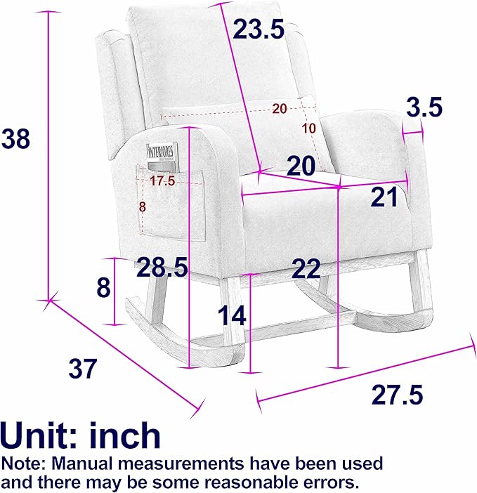 Nursery Rocking Chair Glider Chair with Side Pockets and Pillow Upholstered Side Chair with Rubber Wood Legs Comfy Accent Arm Chair for Bedroom Living Room (Pink Teddy)