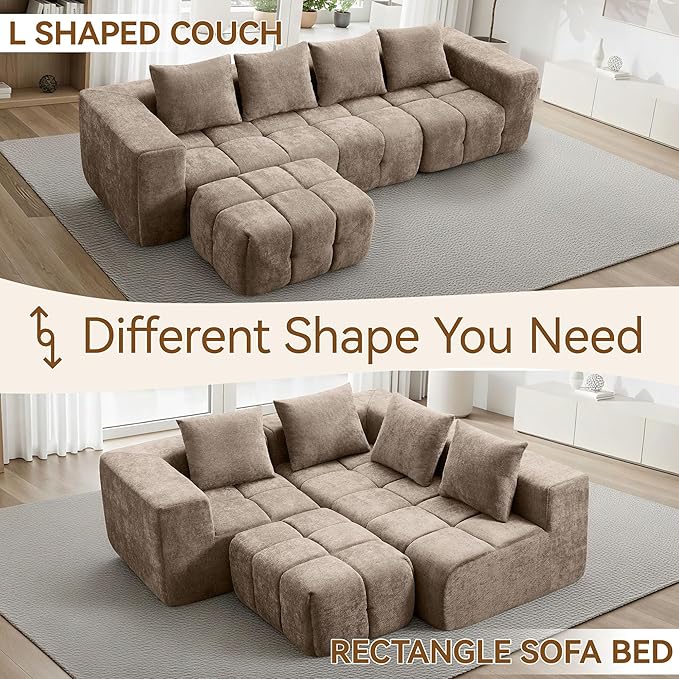 119 Oversized Cloud Boneless Couches for Living Room Modern Tufted Modular Sectional Sofa with Deep Seat &amp Movable Ottoman L Shaped Memory Foam Chenille Couch No Assembly Required Brown