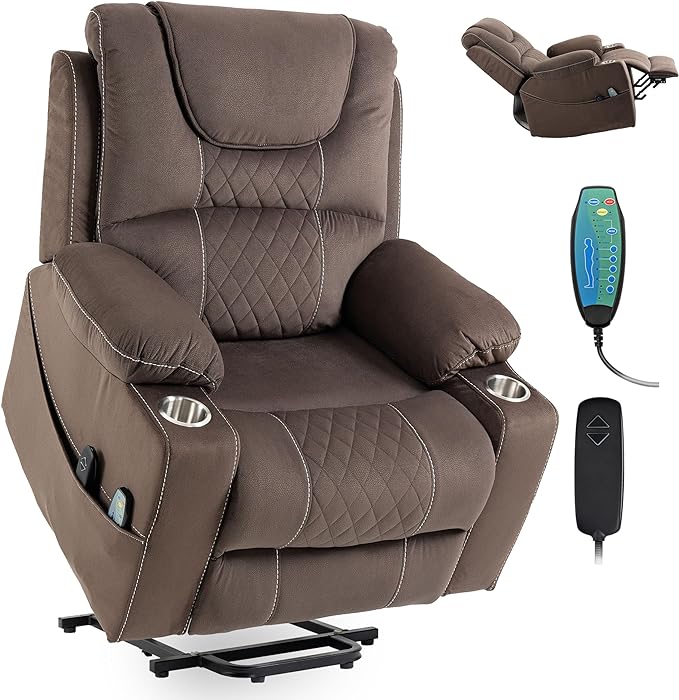 Large Power Lift Recliner Chair Sofa with Massage and Heat for Big and Tall ElderlyInfinite PositionsSingle MotorCup Holdersand USB PortsVelvet Home Theater Seat