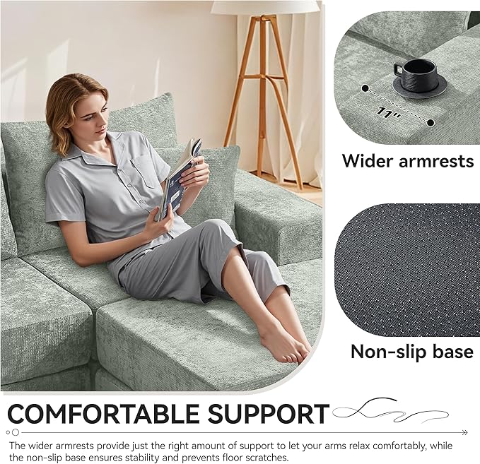 Boneless Sectional Loveseat Couch with Ottoman Convertible Modular Floor Sleeper Sofa Bed Comfy Foldable Compression Love Seat Sofa for Living Room No Assembly Green
