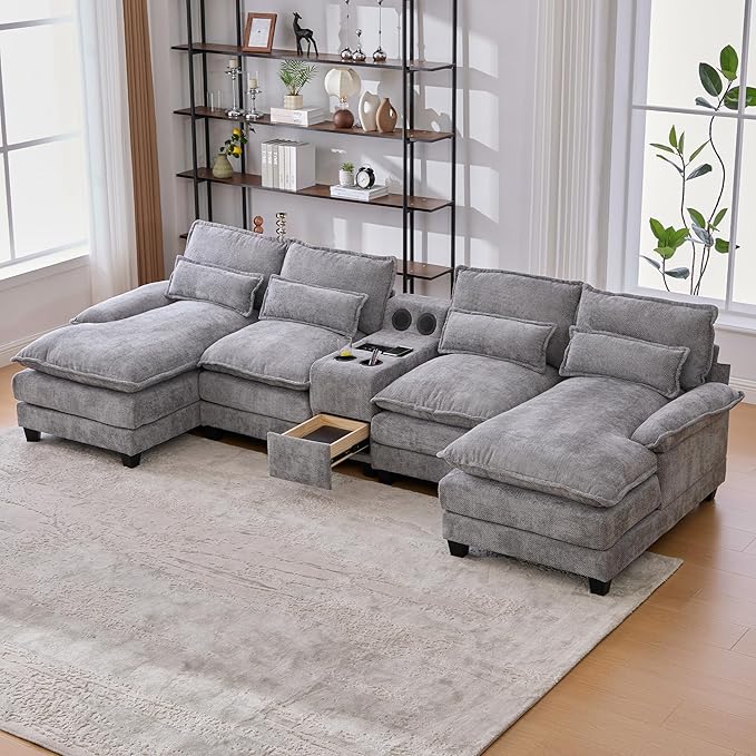 126 Modular Sectional Sofa with Storage Console Cloud Couch Chenille U-Shaped Sofa Cup Holders &amp Wireless Charger Memory Foam Double Chaise for Living Room Office Grey